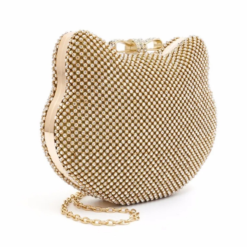 Elegant Cute Cat Gold Crystal Clutch
